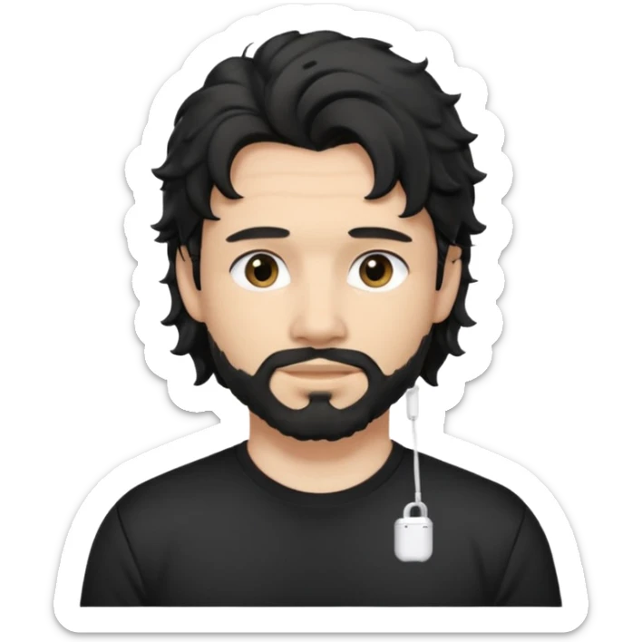 light skin man with black wavy hair and a mullet, faded beard, wearing a black t-shirt and AirPods sticker