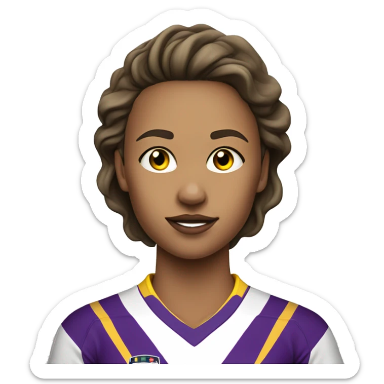 a woman soccer player in white jersey with purple pinstripes and yellow collar sticker