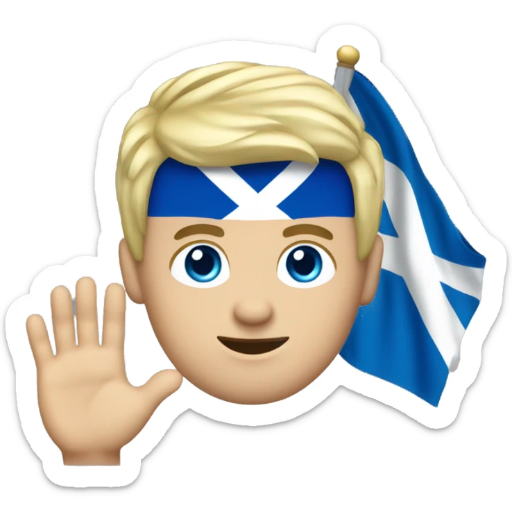 35 year old white Chunky male with blonde hair and blue eyes waving hand with Scotland flag in background sticker