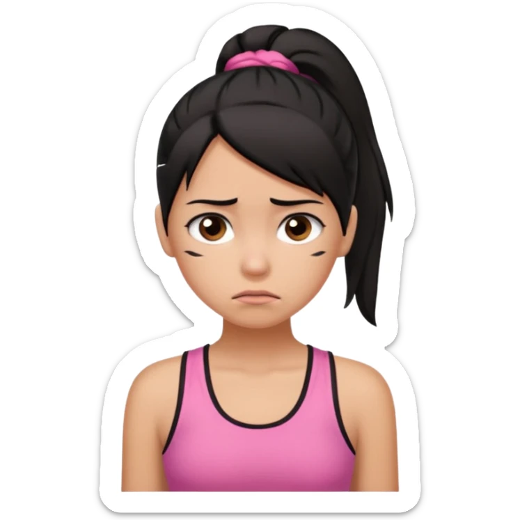 A tan girl with black hair in a ponytail. Wearing a pink tank top. Looking sad sticker