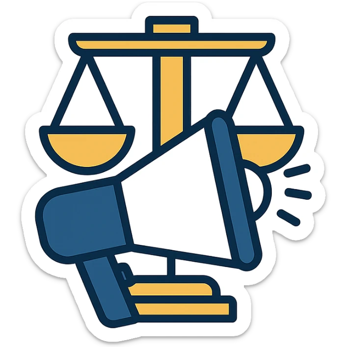 modern minimalist icon for advocacy consulting firm, megaphone in front of balanced scales of justice, navy blue white gold, conveys trust authority progress sticker