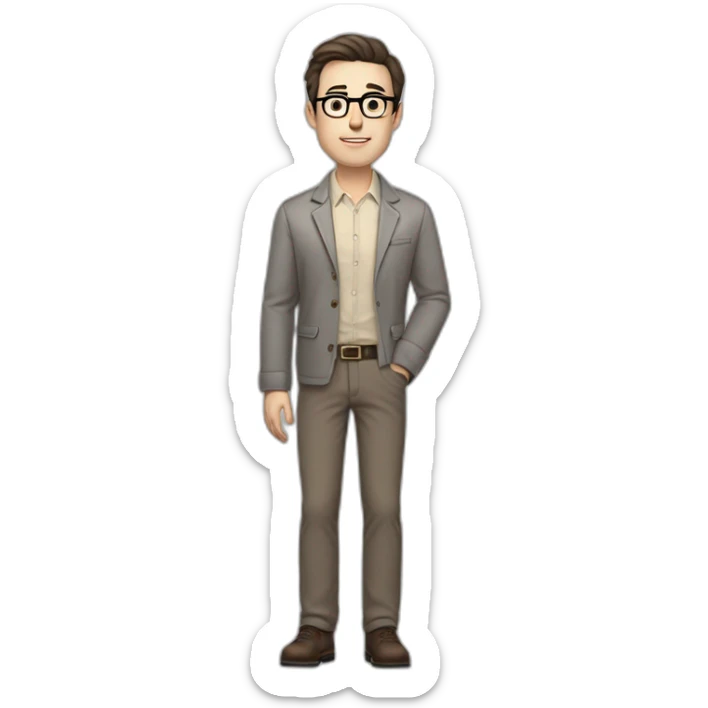 Full height Pale skinned Fit Man With dark brown hair in gray classic jacket, beige office shirt, Brown pants and vintage glasses. Thrumbs of his palms upwards sticker