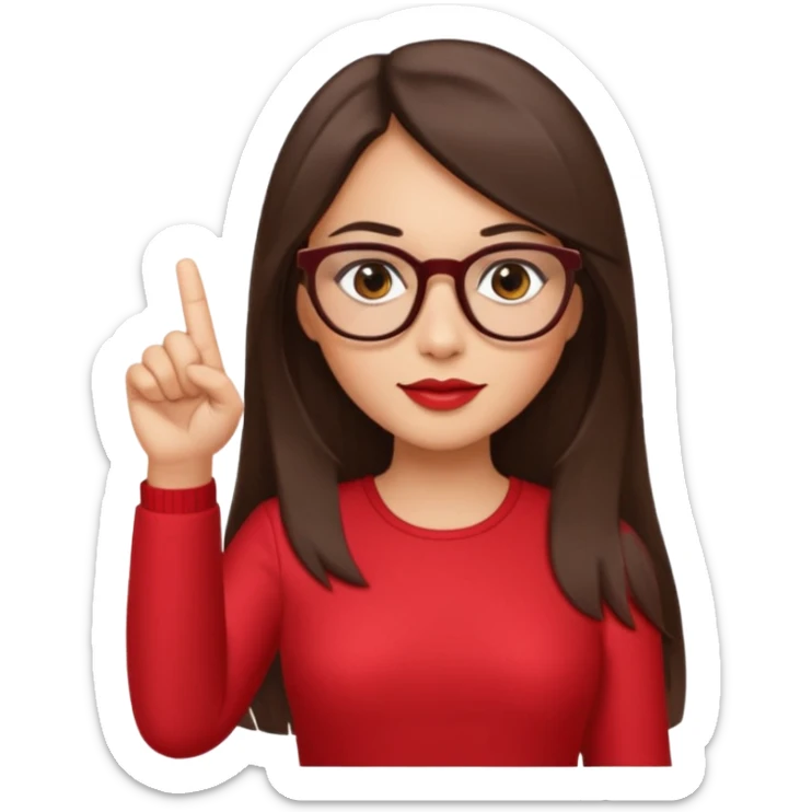 brown-eyed brunette with long straight hair, wearing glasses, with slightly plump lips, pointing with her right hand and finger up to the left, wearing a red dress sticker