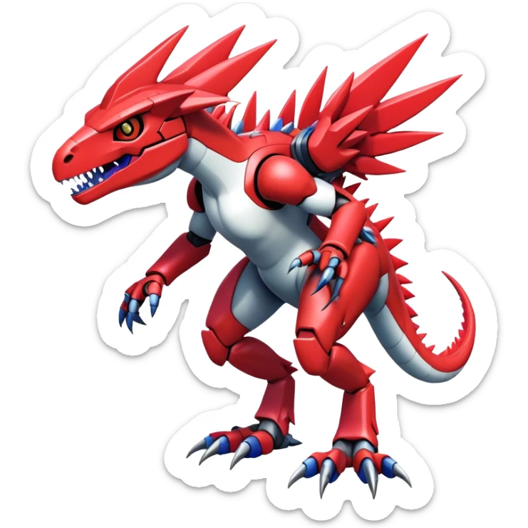Spiky Cool Edgy Futuristic shiny colorful Digimon-Fakemon-Guilmon-Velociraptor-Mecha, full body, two legs sticker