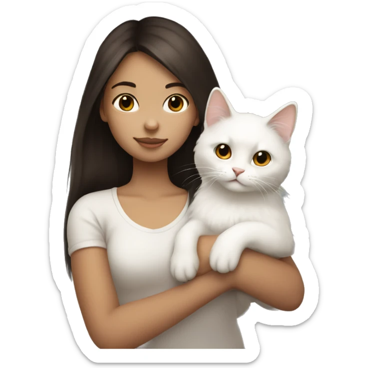Dark brown straight hair girl holding fluffy white cat  sticker