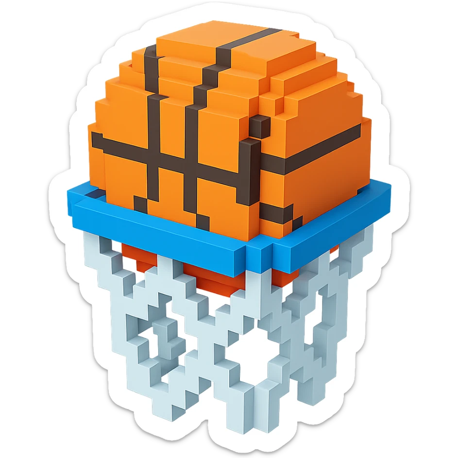 Voxel-style basketball in a net, no background, variation 1. sticker