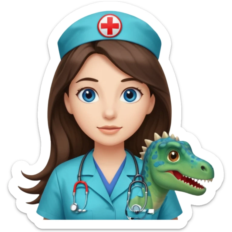 pretty brunette nurse with long hair and blue eyes in dinosaur scrubs sticker