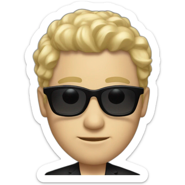white guy in black suit with blonde hair and black non-shinethrough sunglasses sticker