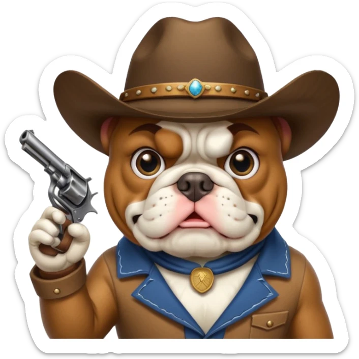 A bulldog wearing a cowboy hat pointing a revolver at you and telling you to hand over your money. sticker