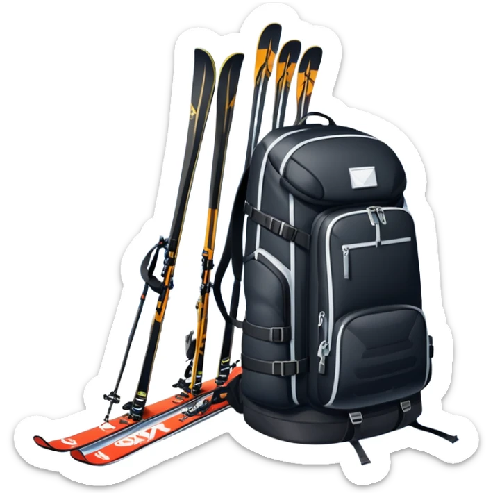 An icon showing a close-up of a biathlon backpack, a pair of skis, and a biathlon rifle resting against snow. In the background, a beautiful winter landscape with snowy trees and mountains under a clear sky. Transparent background reflects the sport’s precision and rugged endurance. sticker