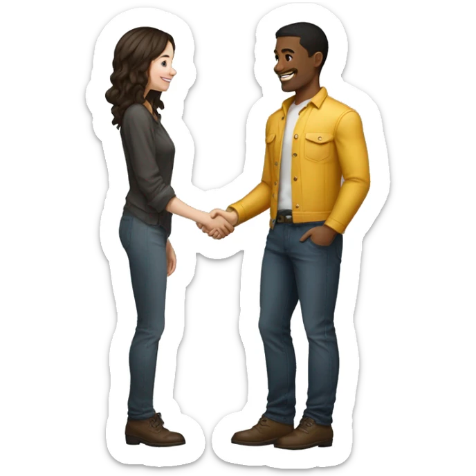 an adult restaurant owner and a young blogger shake hands, both with fair skin, in great detail, in full height sticker