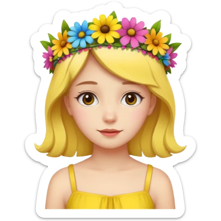 girl with flower crown in yellow dress and colored flowers sticker