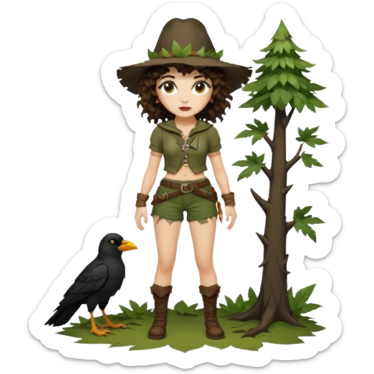 full body woman short curly brown mullet hair brown eyes white skin sexy forest rogue with torn leaf shorts and crow hat sticker