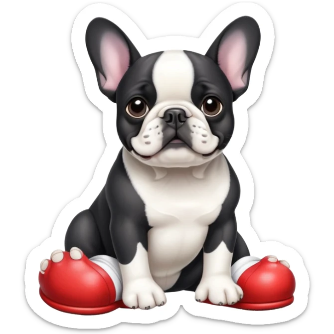 Black and white French bulldog wearing crocs shoes on his paws sticker