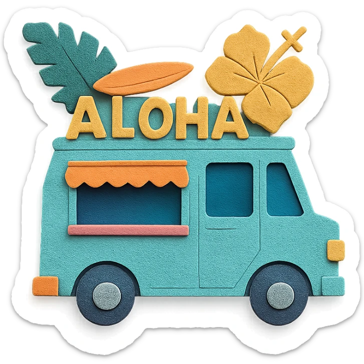 Hawaiian food truck with layered paper look and tropical details in paper craft style sticker