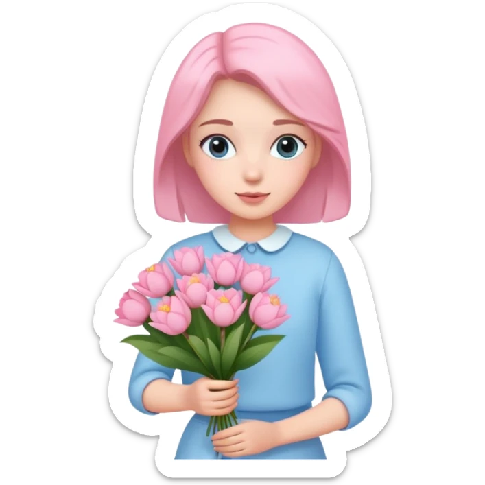 girl wearing pastel blue clothes holding a bouquet of pink flowers sticker