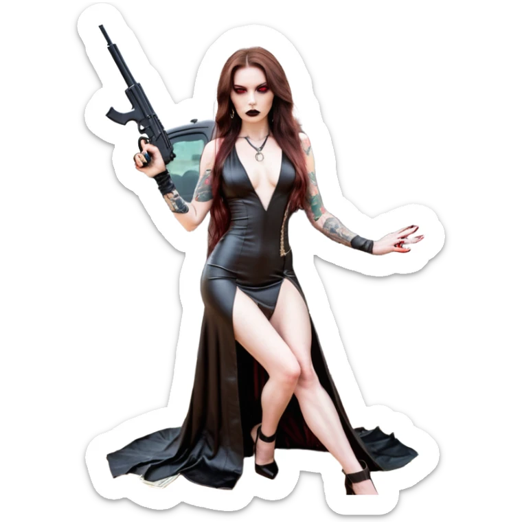 Lilith symbol red eye seductress evil long brown haired sexy succubus woman with leather long dress with slit, sitting in Big Large F350 pickup truck. Black Platform high heels on feet. Tattoo sleeve arms, seat full of stacks of cash, and a man dead human skull of her enemies and a gun in other hand sticker
