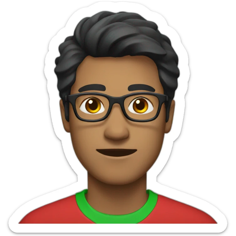 Man with black hair and glasses wearing red shirt with green collar sticker