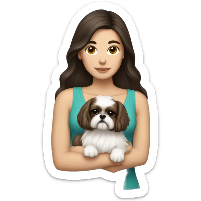 Young dark brunette hair woman with a golden shih tzu in her arms long hair sticker