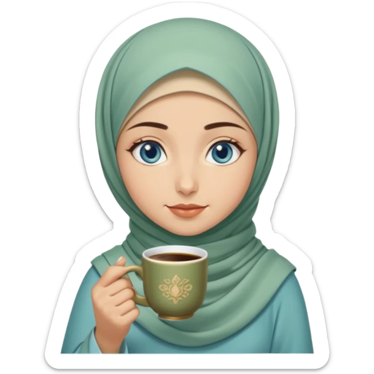 Turkish beautiful finish Konya girl blue eyes with beige and light green hijab islamic dress and had on her hand Turkish coffee sticker