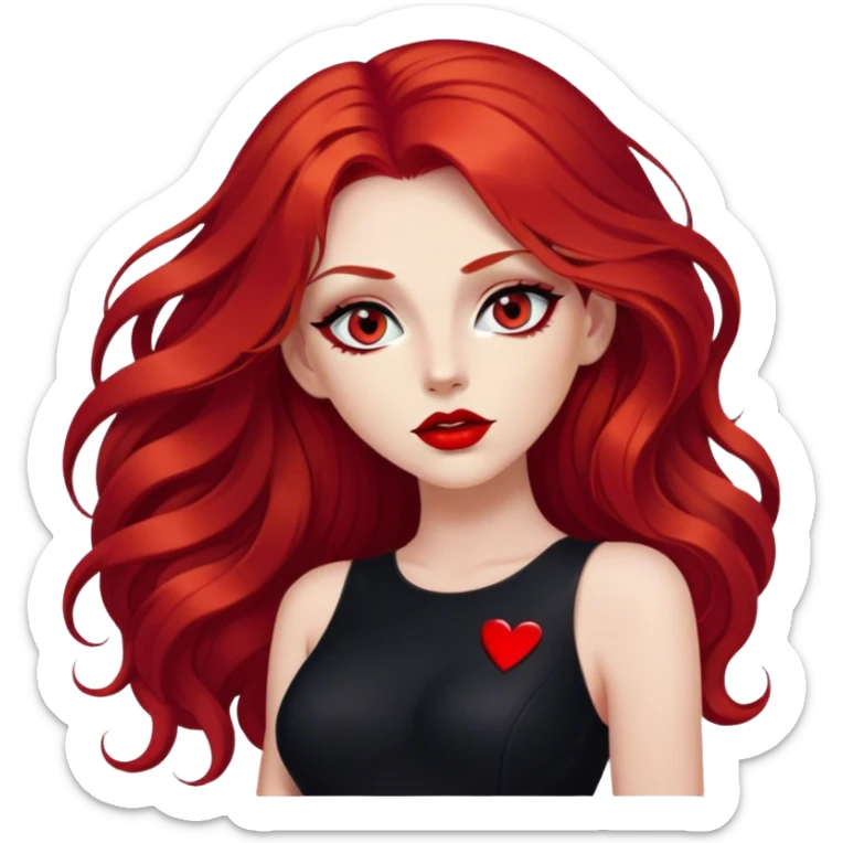 a sexy woman with long red hair and red eyes. The woman wear a black little cutted dress. She have red lipstick and she have a seductive look.  sticker