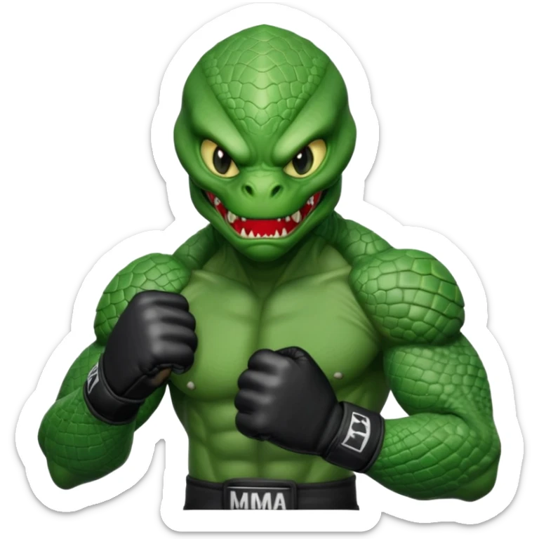 reptilian alien MMA fighter portrait, head and shoulders only, scaled skin, sharp teeth, fighter gloves, battle-ready expression, 3D cartoon, mobile game icon style, clean background, no text, no watermark
 sticker
