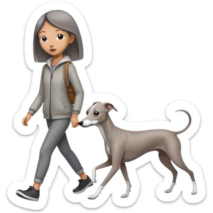 Asian girl walking an all grey Italian greyhound with no white nose, completely grey dog sticker