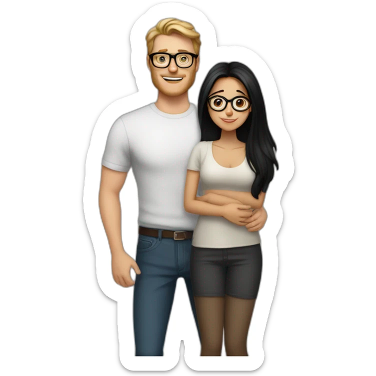 Tall white man with no glasses brown hair hugging small latina long black hair square glasses sticker