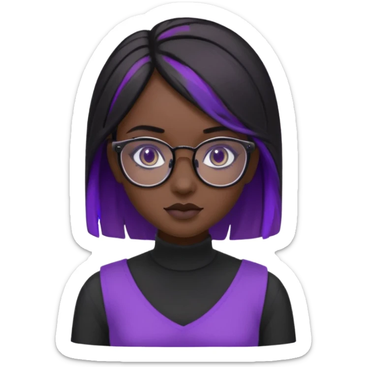chica bonita con ligero cabello negro con rayas moradas que llega hasta los hombros con lentes cuadrados de estatura pequeña con ropa negra con otro estilo de cabello sticker