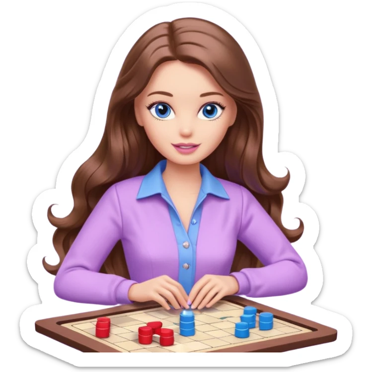 beautiful barbie girl with long brown hair, blue eyes and wearing light purple clothes playing board games sticker