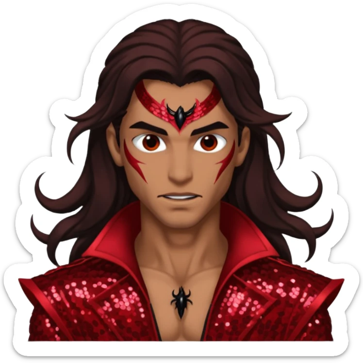 Samael, Venom of God from Gods and Goddesses with tan skin, long dark brown hair, dark red sequin outfit sticker