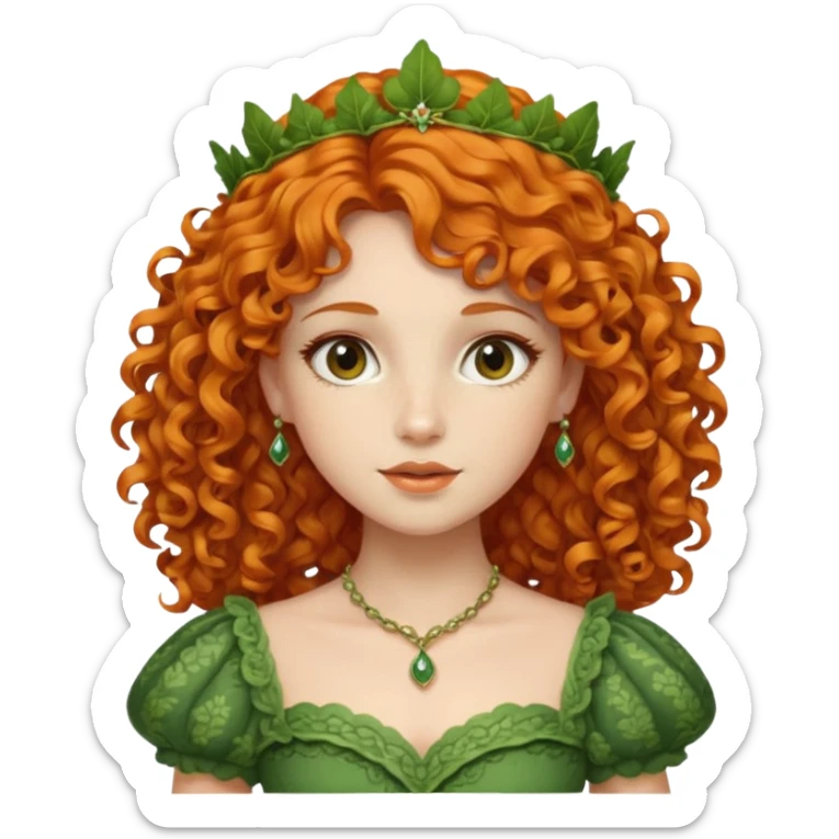 orange curly hair beautiful princess full body in leafy green dress elegant sticker