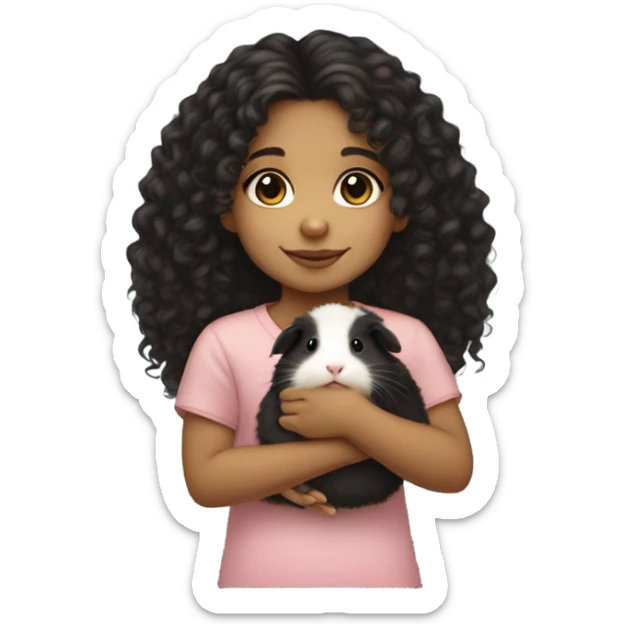 Little light skin girl with black curly hair holding a Guinea pig sticker