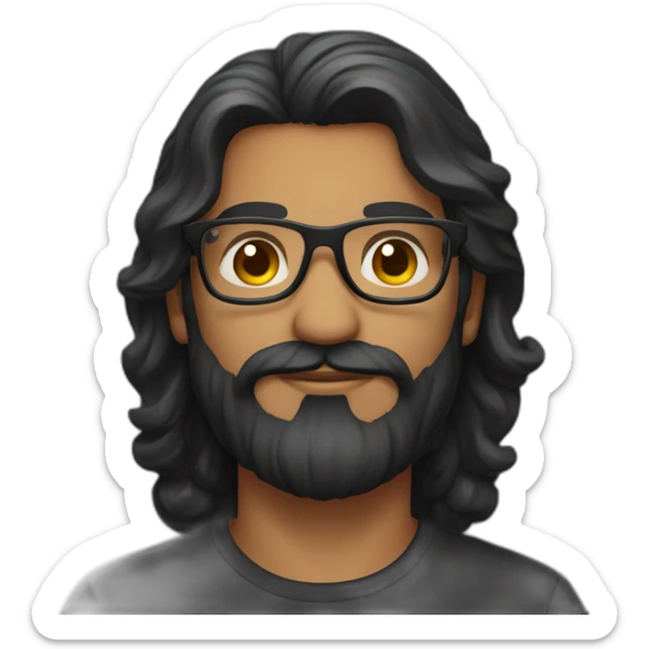 Indian man with long wavy hair, well groomed beard, glasses and a black tee sticker