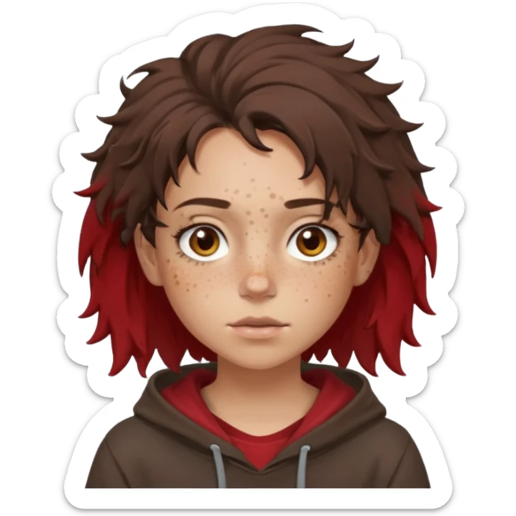 Hobo tomboy with light skin, freckles, dark brown shoulder-length hair in a messy style, brown eyes, dark brown hoodie, dull red shirt. sticker