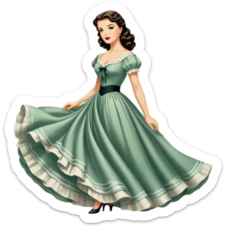 Icon for Romance Movie: A vintage movie poster-style design inspired by Gone with the Wind. Include romantic, sweeping imagery like Scarlett O'Hara in a flowing dress, Rhett Butler, a plantation backdrop, and fluttering wind-blown fabric. Soft, nostalgic cinematic feel. Transparent background. sticker