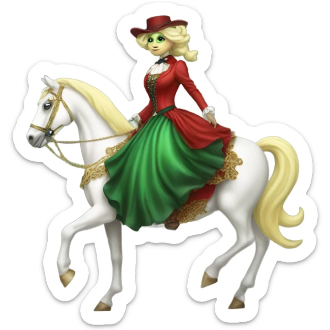 "green blonde alien woman" in red Victorian elegant dress, full body, rides "horse gold and white"
 sticker