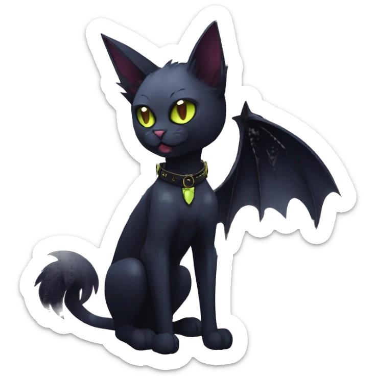   cool edgy beautiful anime-style ethereal dark-punk-themed animal vampiric cat-hybrid Fakemon with fangs and bat-wing-ears with a collar full body sticker