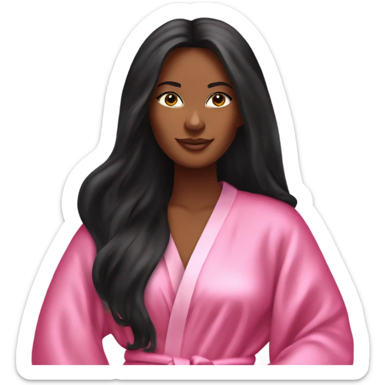 Tanned woman with long black hair wearing a silk pink Victoria’s Secret robe sticker