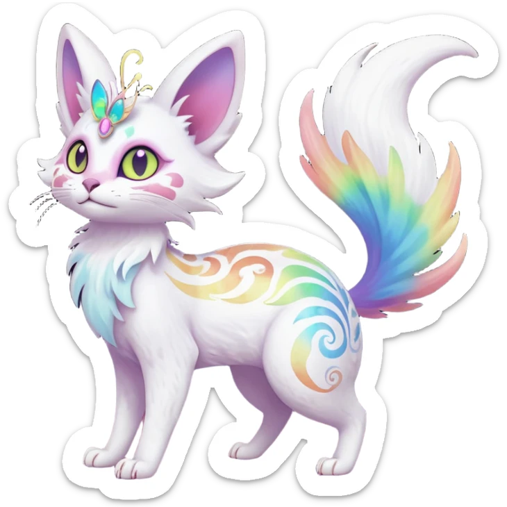Pure-snow-White albino iridescent with pastel rainbow-gradients-color-markings with swirly patterns butterflies  faerie-Noivern-Noibat-Purloin-Torracat-Lykoi-Caracal-cat-Fakemon-fusion-hybrid-creature-scared sticker