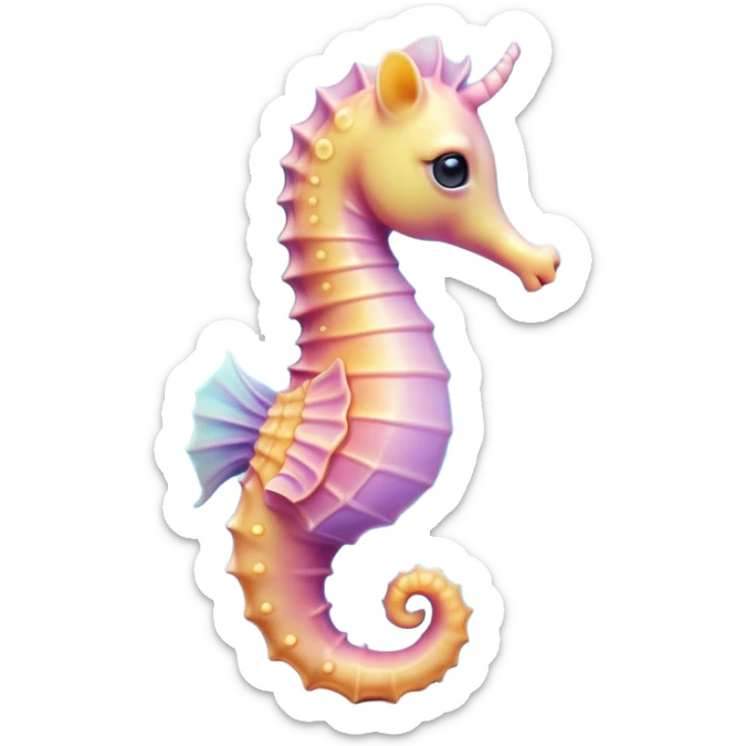 Cinematic Cute Sea Horse Portrait Emoji, Head tilted playfully and inquisitively, featuring a charming, petite seahorse with a softly curved body in pastel tones, a delicately coiled tail and round, sparkling eyes full of gentle wonder, Simplified yet irresistibly adorable features, highly detailed, glowing with a warm, inviting aquatic glow, high shine, affectionate and lively, stylized with a touch of enchanting marine charm, soft glowing outline, capturing the essence of a mischievous yet loving seahorse that seems as if it could float out of the screen into your arms! sticker