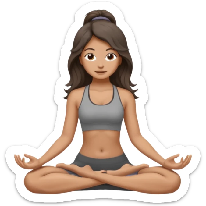 a brunette girl doing yoga, she is wearing a grey fit and she has dark wavy and loose hair.  sticker