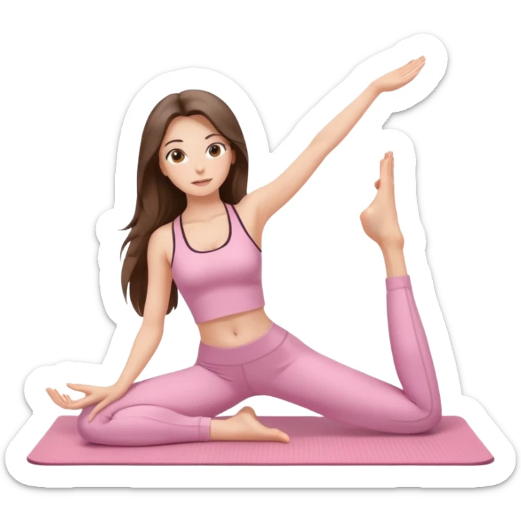 white brunette girl long hair with hazel eyes in light pink workout clothes stretching on a yoga mat sticker