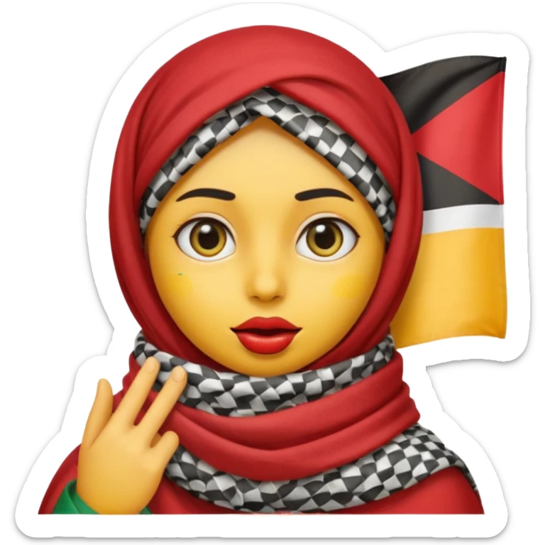 yellow emoji face with big eyes finger on lips in shh gesture Palestinian keffiyeh draped over head with small Palestinian flag detail on scarf sticker