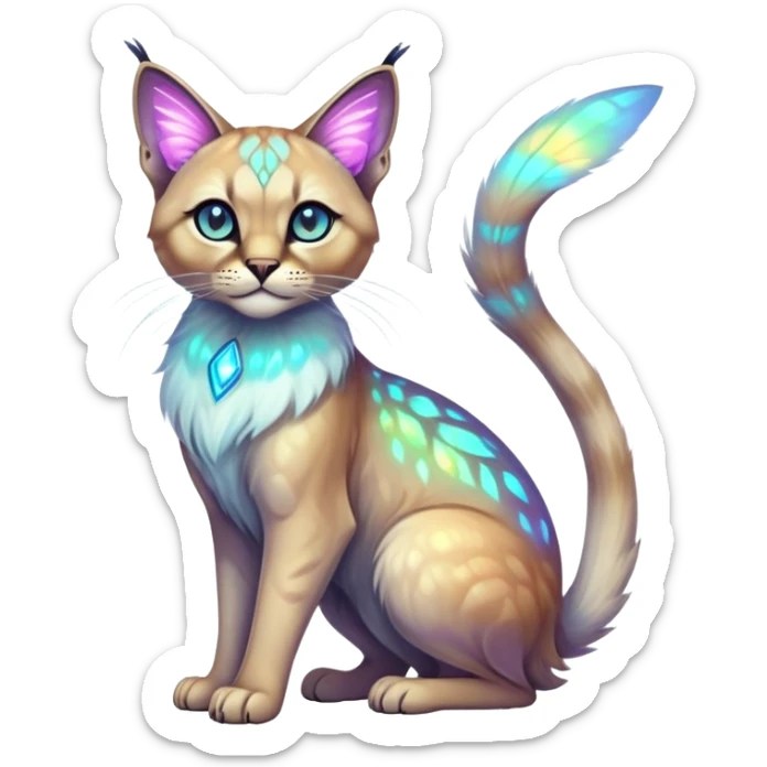 Colorful Neon exotic ethereal iridescent tropical shiny Fantasy-Siamese-Bobcat-Caracal-Moth-Scottish-Fold-feline-Fakémon-feline-hybrid (full body) sticker