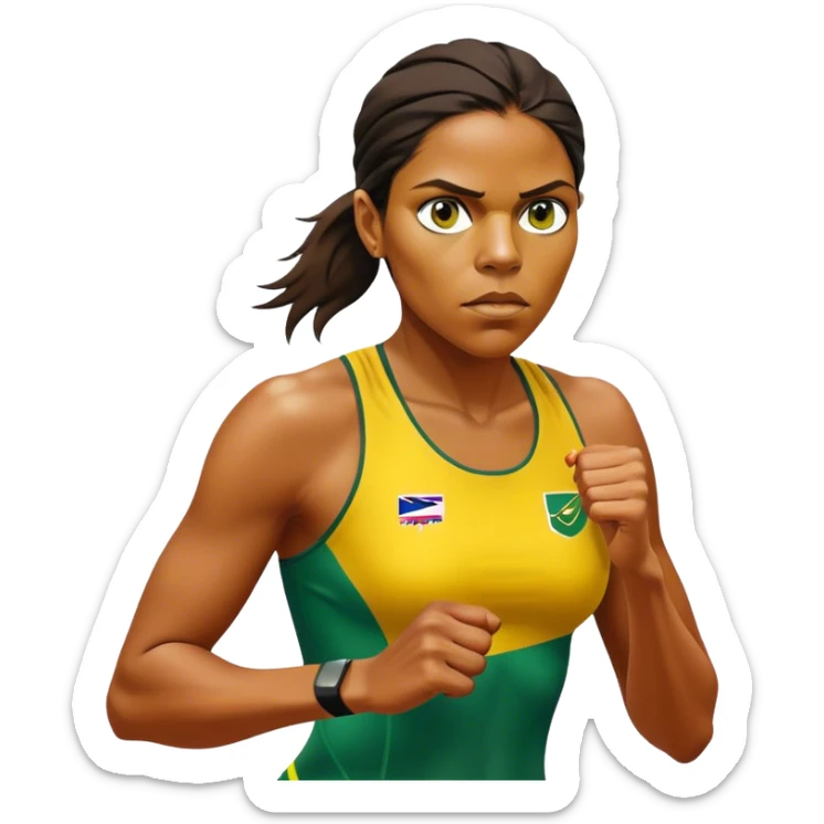 Cinematic Realistic portrait of Cathy Freeman, shown as an iconic Australian sprinter with a focused, determined expression and modern athletic yellow and green attire accented with subtle native motifs, rendered in dynamic, vibrant lighting sticker