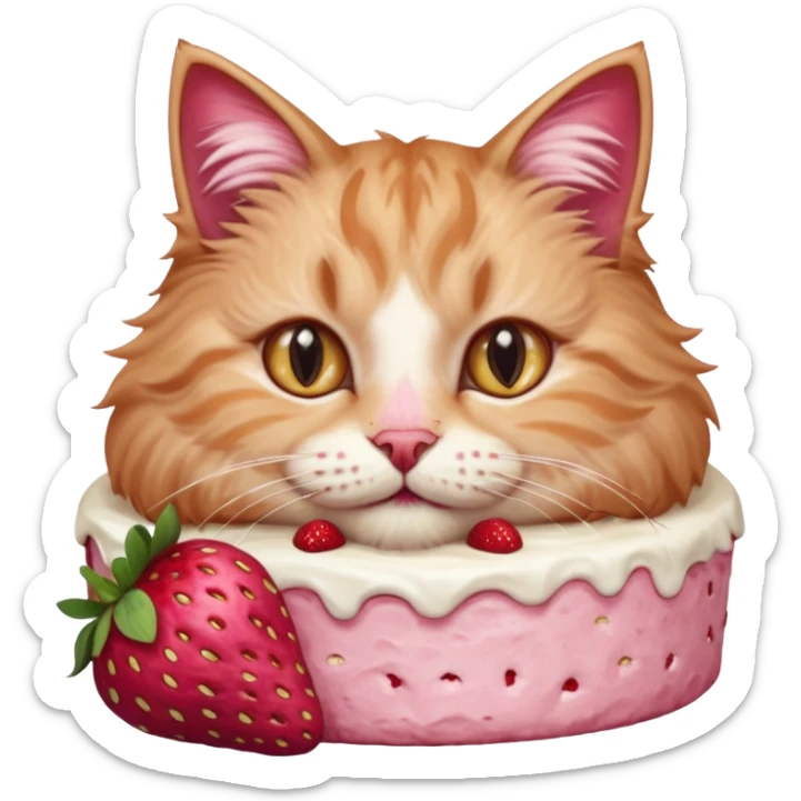 Close-up portrait of a fluffy cat eating a strawberry cake, pink cream on its nose and whiskers, detailed fur texture, soft natural light, shallow depth of field, high resolution, cute and candid moment
 sticker