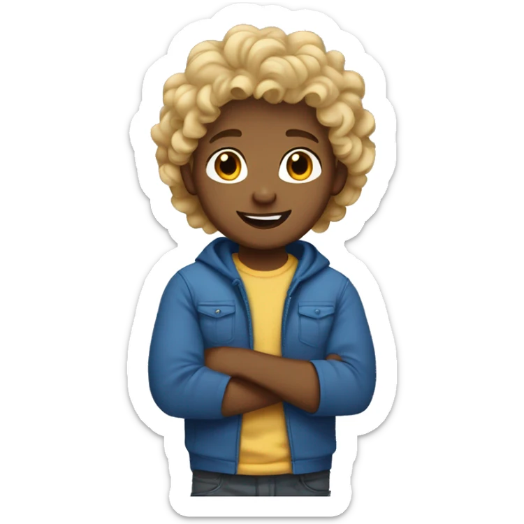 Boy with curly blonde hair, brown skin and blue t-shirt sticker