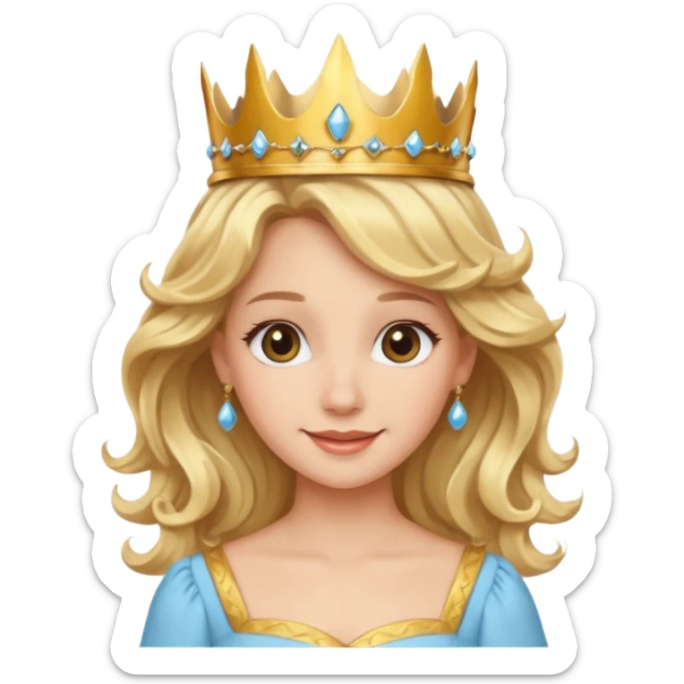 Cheerful blonde princess with wavy hair and light blue dress, wearing crown sticker