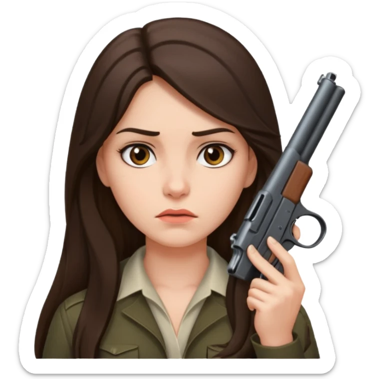A pretty badass brunette with long hair girl who is about to kill herself witha gun pointed at her temple sticker